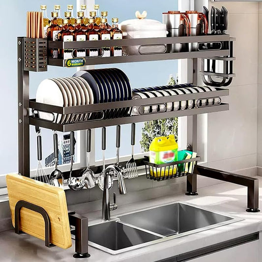 Over Sink Dish Rack for Kitchen, Bartan Stand for Drying, Carbon Steel, 2 Layer, Drainer Shelf/Kitchen Organizer/Utensils Storage